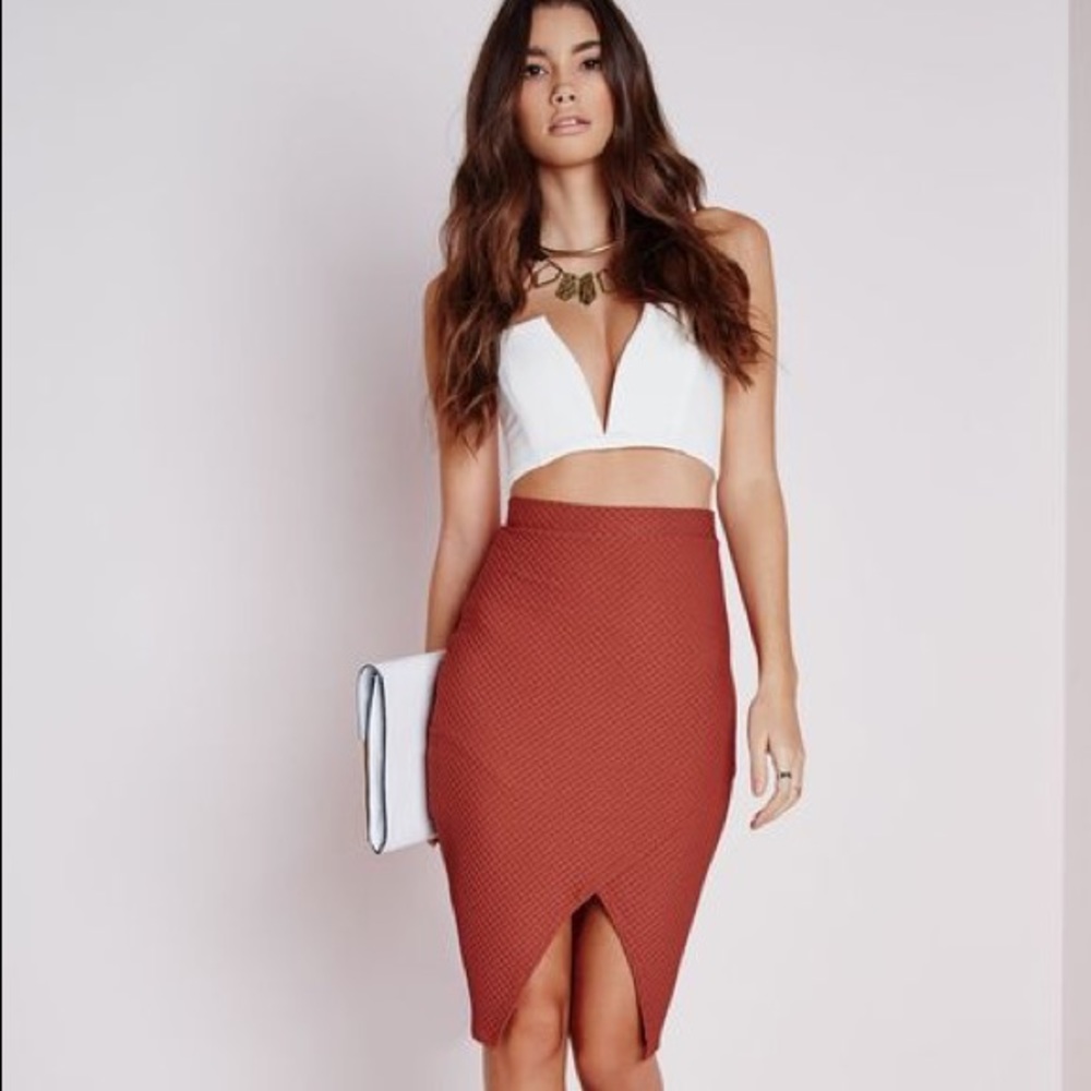 Missguided Textured Wrap Front Midi Skirt Rust